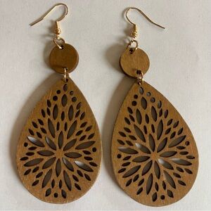 Wood Teardrop Earrings Laser Cut Boho Mandala Design Feather-light Gold Tone